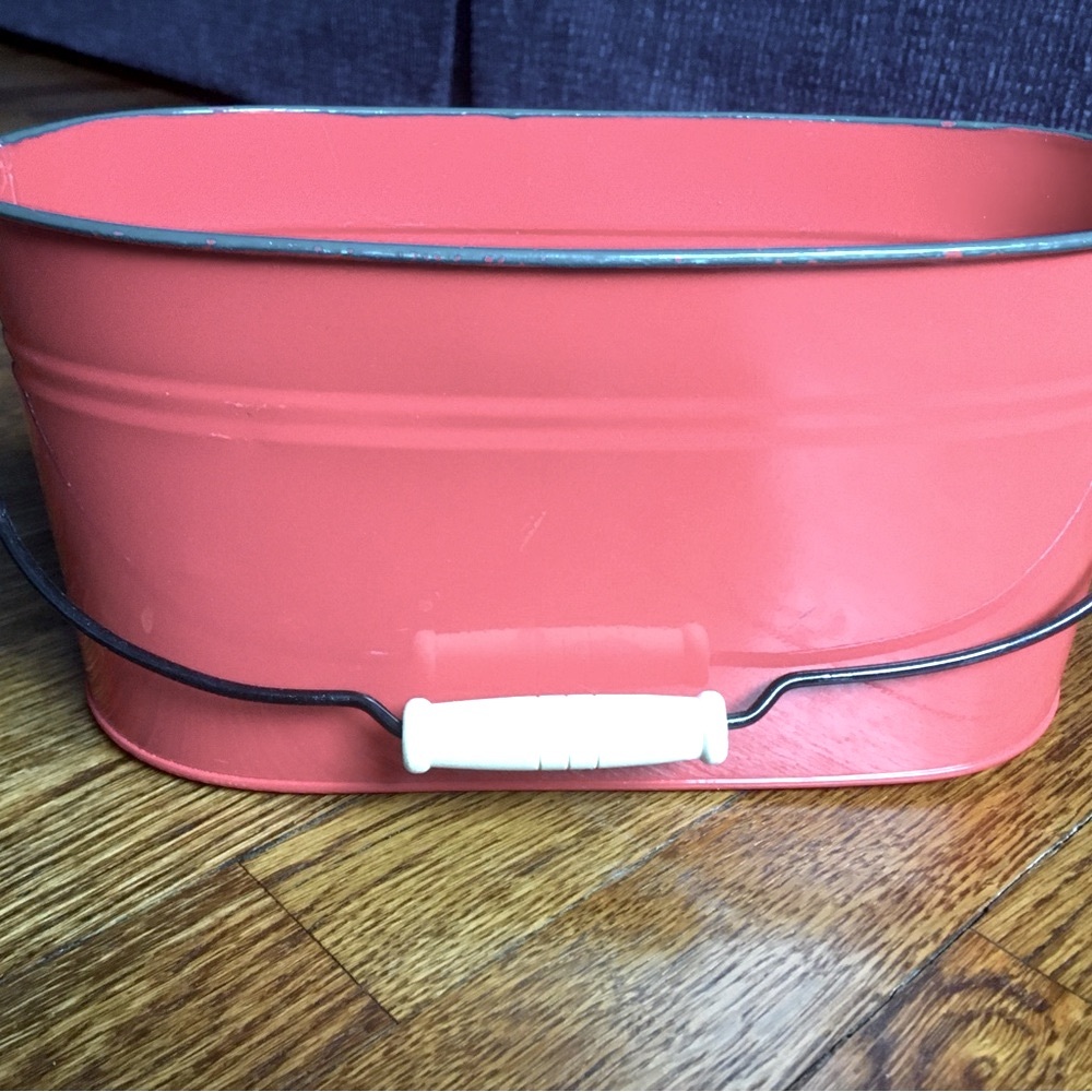 Red with Green Trim Metal Bucket for Decoration or Gift Basket Vessel- 15” Long